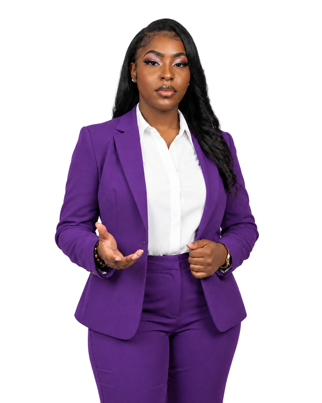 Mekayla J standing in a purple suit