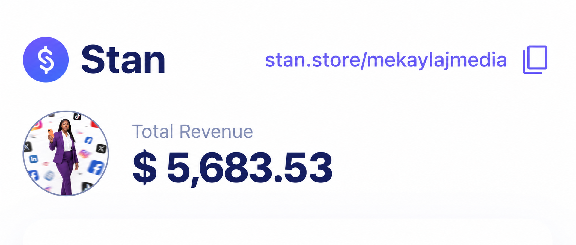 Stan Store dashboard showing $5,683.53 in total revenue